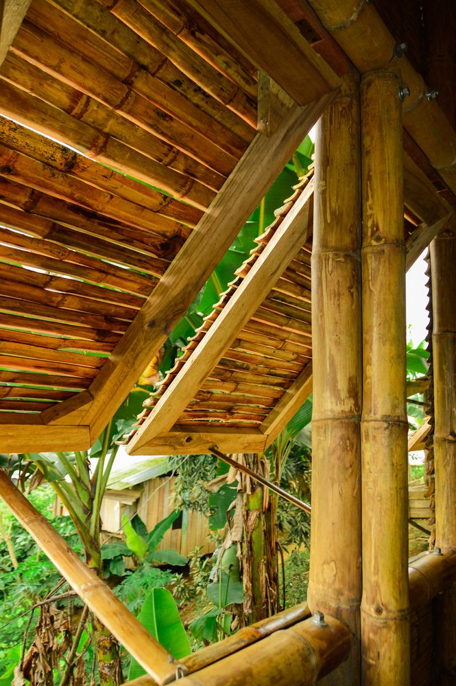 the inside of a bamboo house with lots of green plants and trees in the background