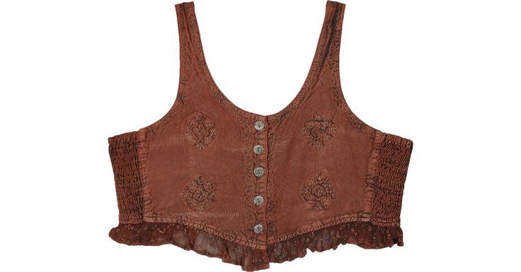 Brown Bask Buttoned Frilled Boho Crop Top in Tunic-Shirt - A beautiful nature brown scooped soft rayon crop top with a georgette frill and buttons in the middle. Features: Embroidered, Bohemian. Brown Sleeveless Hippie Top, Bohemian Brown Crop Top, Fitted Bohemian Brown Crop Top, Brown Bohemian Crop Top For Spring, Fitted Bohemian Crop Top With Ruffles, Bohemian Brown Crop Top For Spring, Brown Sleeveless Top For Festival, Sleeveless Brown Top For Festival, Casual Brown Crop Top For Festival