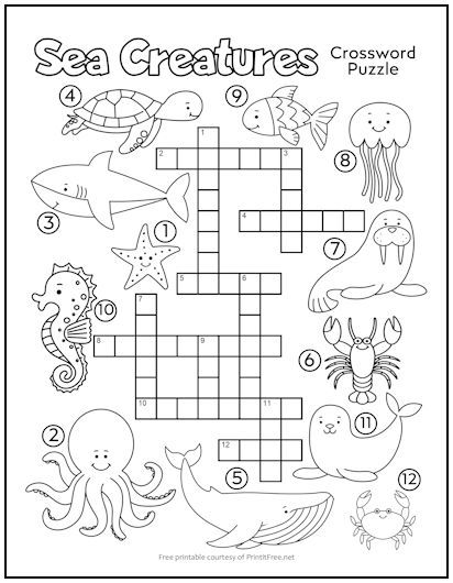 the crossword puzzle with sea creatures for kids to learn how to read and draw