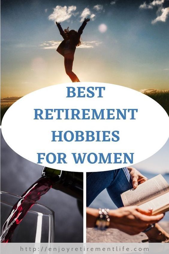 the words best retirement hobbies for women are above two photos of a woman jumping over a book