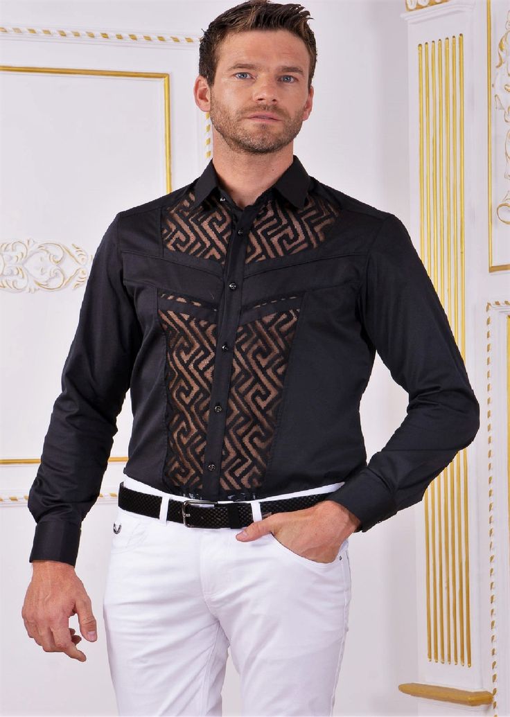 Take your couture line to the next level with this black partial meander lace detailed shirt Partially sheer, this black Mondo shirt adds elegance and mystery that is emblematic of Mondo's freedom, empowerment and individualism This material has a wonderfully textured hand and gleams in every direction. Fabric construction adds natural stretch for tailored fit Designed for the fashion-conscious wearer who appreciates clean lines and a sophisticated look A new and versatile wardrobe staple, great Black Mondo, Fabric Construction, Sheer Shirt, Versatile Wardrobe, Button Down Collar, Clean Lines, Next Level, Lace Detail, Black Cotton