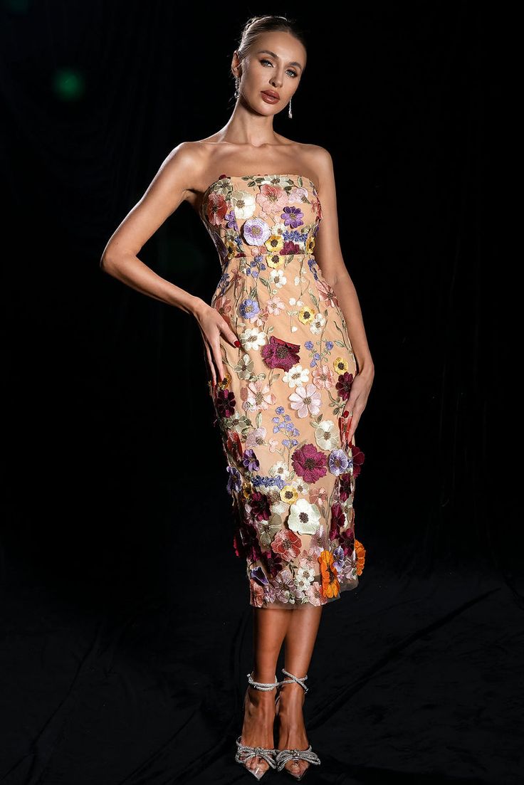 Brown 3D Floral Mesh Midi Dress – Acmefun Fitted Organza Dresses For Gala, Knee-length Floral Dress For Evening, Sleeveless Floral Applique Midi Dress For Evening, Chic Floral Embroidered Dress For Gala, Organza Evening Dress With Floral Embroidery For Prom, Chic Evening Dresses With Floral Embroidery, Elegant Sleeveless Midi Dress With Floral Applique, Floral Applique Organza Evening Dress, Floral Applique Fitted Bodice Dress For Gala