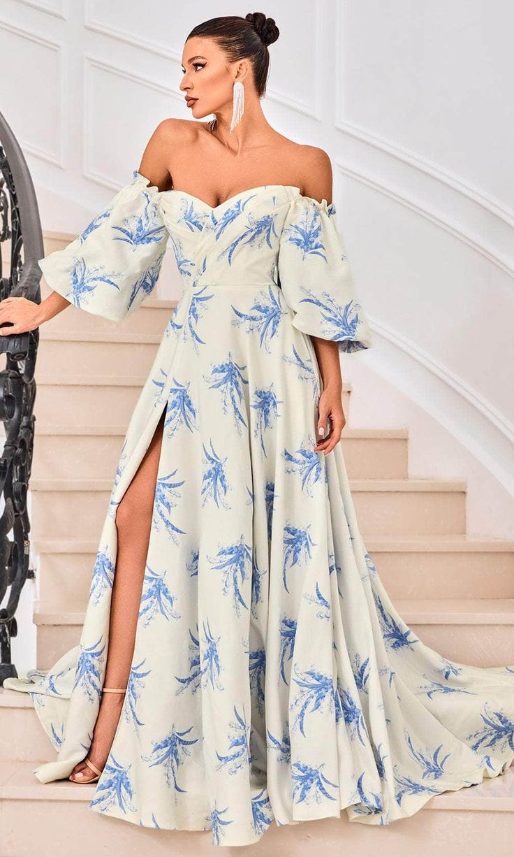 J'Adore Dresses J24053 - Bell Sleeve Printed Evening Gown Jadore Dress, Dress Appropriately, Evening Dresses For Weddings, Dress Order, A Line Gown, Fabric Floral, Green Print, Blue Print, Pink Print