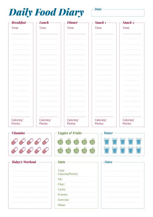 the daily food diary is shown in this printable recipe book, which includes an image of