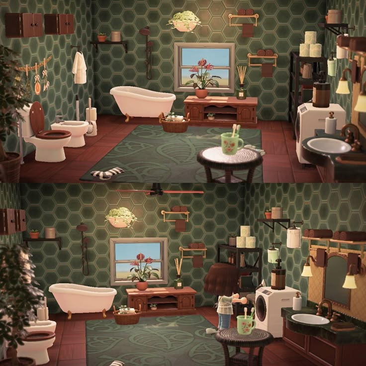 the bathroom is decorated in green and brown