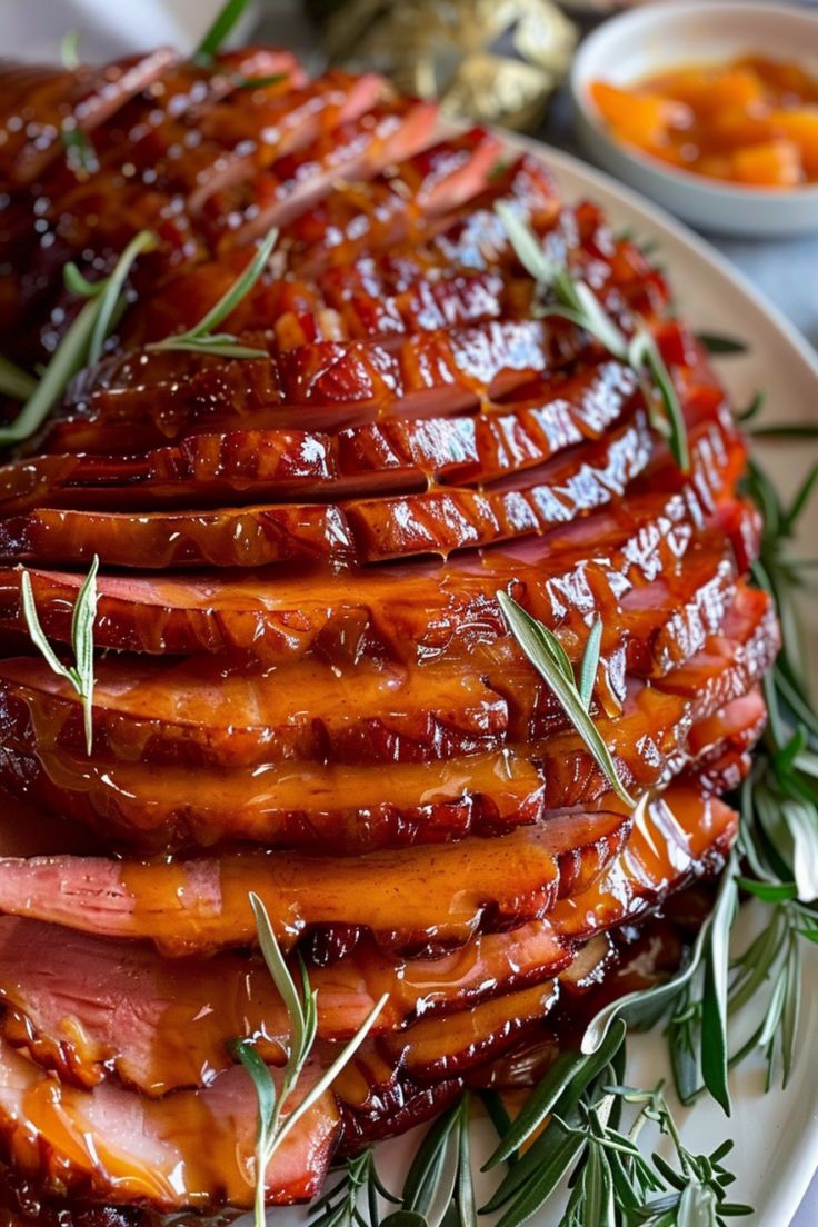 sliced ham with sauce and herbs on a white plate