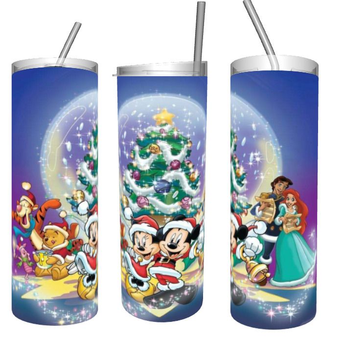 two tumblers with mickey mouse and friends in front of a christmas tree on the side