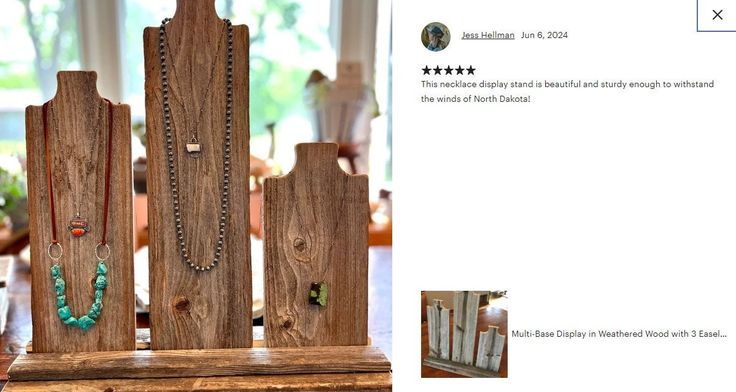 a wooden stand with necklaces on it and an article about how to use them