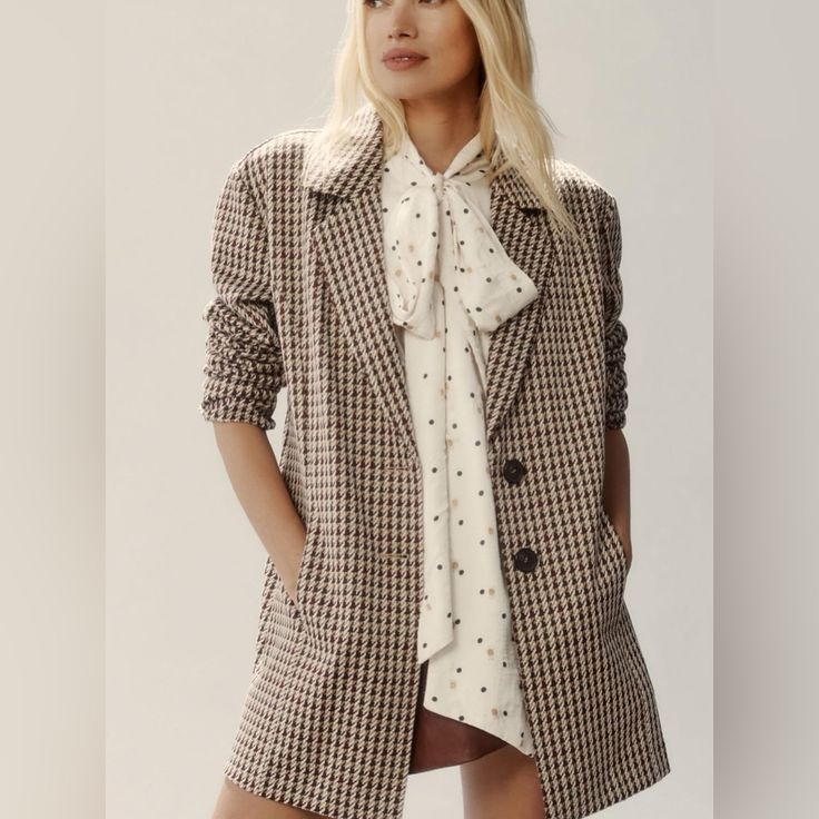 Bought At Anthropologie - Avec Les Filles Knit Oversize Blazer In Houndstooth. The Colors Up Close Are Off White, Tan, Maroon, And Brown. In An Xxs, But Could Fit An Xs. No Shoulder Pads And More Unstructured. Beautiful Blazer, I Just Have Way Too Many Blazers And Need To Make Room In My Closet. Never Worn And New Without Tags Chic Button-up Outerwear For Daywear, Plaid Wool Outerwear For Spring, Spring Plaid Wool Outerwear, Single-breasted Outerwear For Fall Daywear, Single Breasted Outerwear For Fall Daywear, Fall Single-breasted Outerwear For Daywear, Winter Beige Houndstooth Outerwear, Beige Long Sleeve Houndstooth Outerwear, Beige Houndstooth Long Sleeve Outerwear