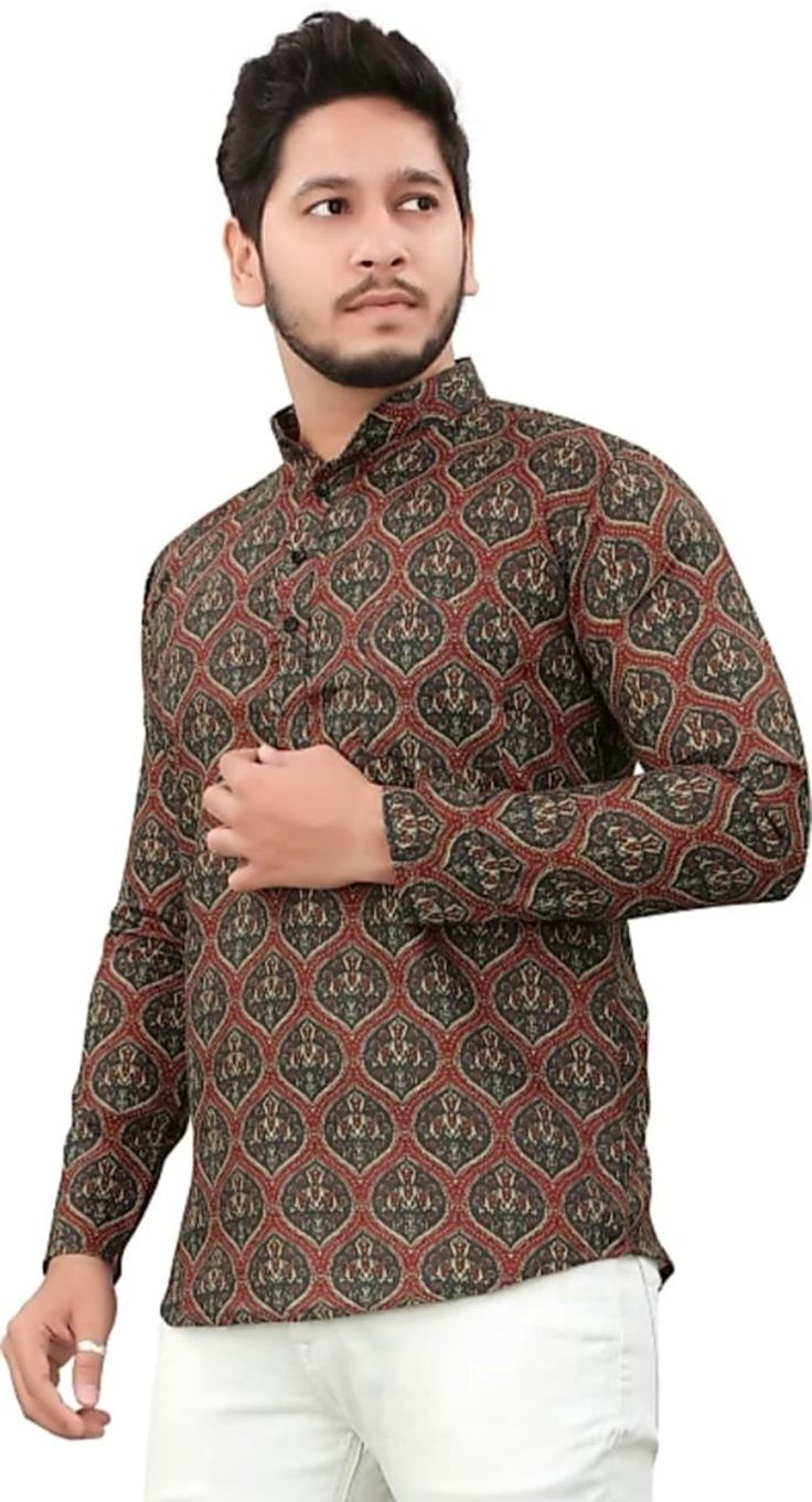 Traditional Cotton Shirt For Eid, Traditional Printed Shirt For Festivals, Traditional Cotton Shirt For Festive Season, Casual Printed Patterned Kurta, Casual Patterned Printed Kurta, Long Sleeve Cotton Tops With Traditional Patterns, Traditional Bandhani Print Straight Kurta, Bollywood Style Long Sleeve Kalamkari Kurta, Bollywood Style Long Sleeve Kurta With Kalamkari Print