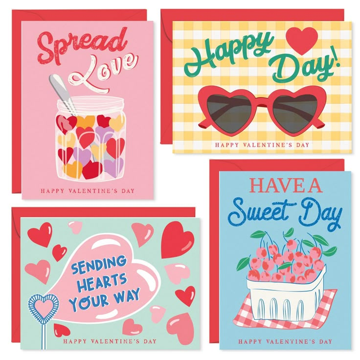 four valentine's day cards with hearts and sunglasses