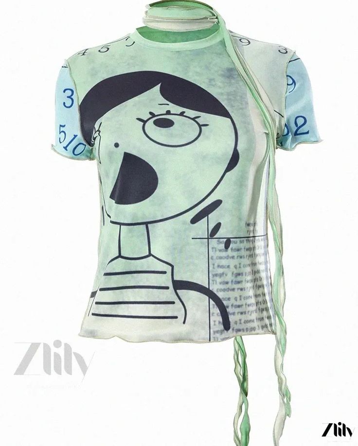 Zlily – Quirky Cartoon Character Print Slim Fit Short Sleeve Shirt Stretch Green Printed Top, Trendy Green Printed Top, Green Graphic Print Y2k Tops, Spring Graphic Print Stretch Blouse, Y2k Green Graphic Print Tops, Graphic Print Stretch Top For Spring, Stretch Graphic Print Tops For Spring, Green Y2k Graphic Print Tops, Spring Graphic Print Stretch Tops