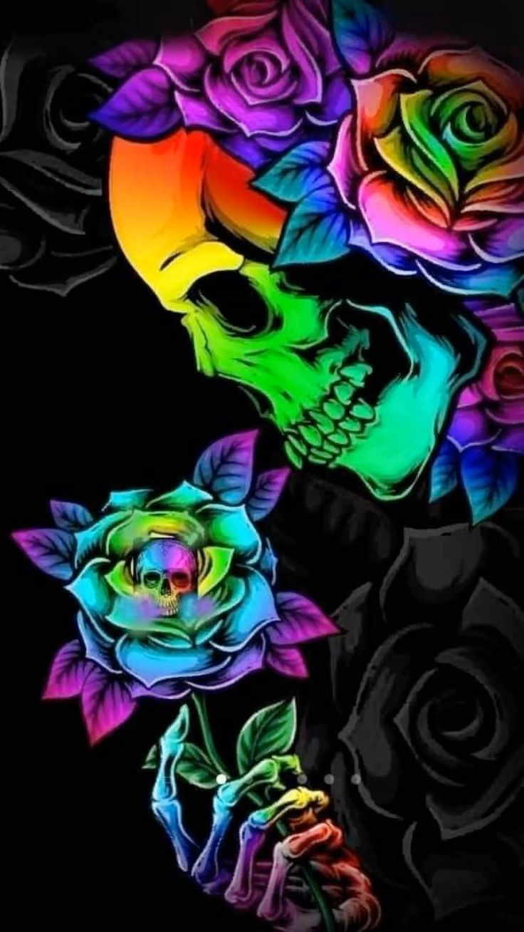 two skulls and three roses on a black background with multi - colored colors in the middle