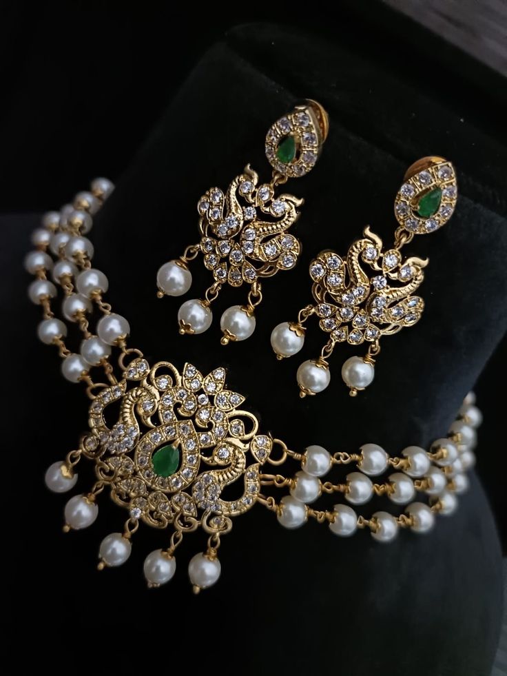 Sabyasachi Inspired Gold Finish Choker Set with Pearls and American Diamond Stones - Green Designer Pendants, Work Necklaces, Sabyasachi Jewellery, Emerald Green Earrings, Jewellery Sets, Choker Set, Pearl Choker Necklace, Fashion Jewelry Sets, Wedding Jewellery Necklace