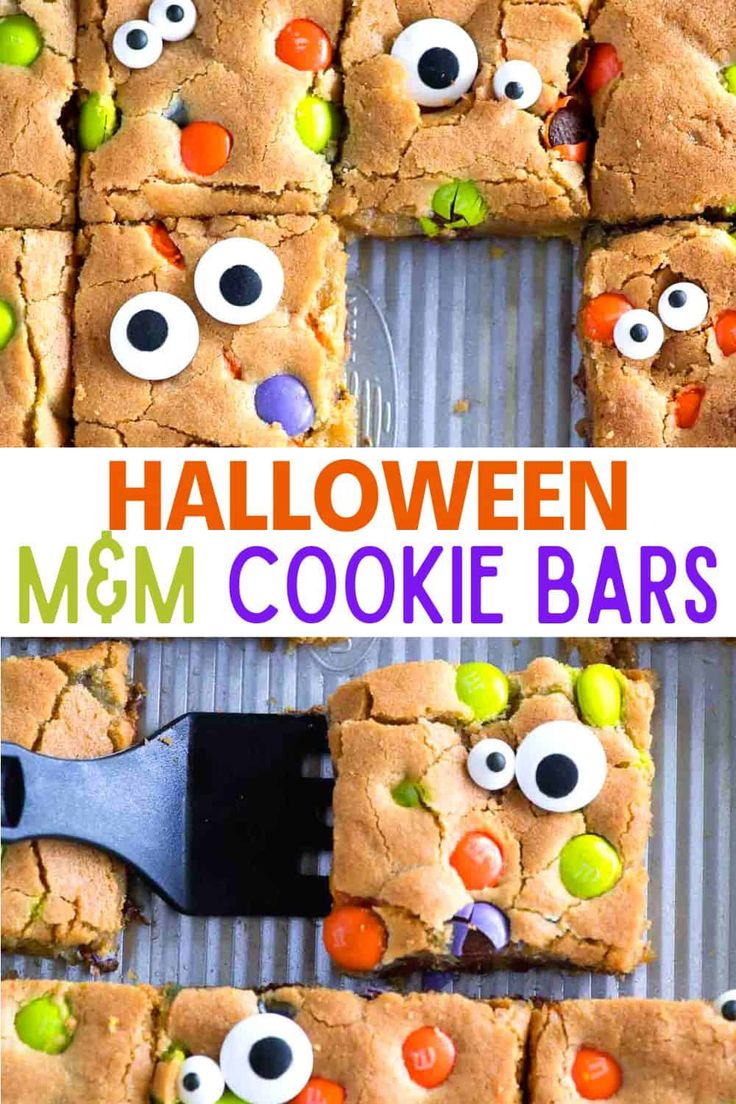 halloween m & m cookie bars with eyes on them