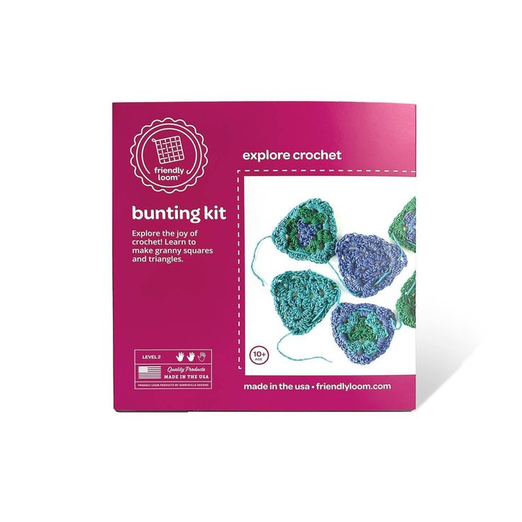 the crochet kit is shown in purple and green colors, with instructions to make it