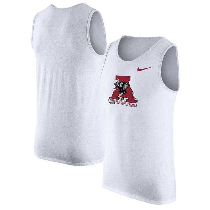 Stay cool and dry during hot weather in this Alabama Crimson Tide tank top. Made by Nike, it features sweat-wicking Dri-FIT technology and a blend of soft, durable fabrics. A vintage Alabama Crimson Tide logo printed on the chest reps your devotion to the team. White Tank T-shirt For Sports, Crew Neck Cotton Tank Top For Sports, Collegiate Cotton Sleeveless Tank Top, Collegiate Sleeveless Cotton Top, Collegiate Sleeveless Cotton Tank Top, Sleeveless Tops For Sports Events With Team Spirit, Cotton Sleeveless Collegiate Tank Top, Collegiate Sleeveless Breathable Tops, White Cotton Muscle Tee For Sports