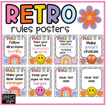 retro rules posters with flowers and rainbows on them for kids to use in their classroom