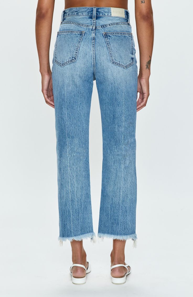 These closet-staple nonstretch-denim jeans are designed with a high waist and sparse distressing. 26" inseam; 17" leg opening; 13" front rise; 16" back rise (size 29) 100% cotton Machine wash, tumble dry Imported Everyday Dark Wash Jeans With Frayed Hem, Distressed Mid-rise Cropped Jeans For Everyday, Ripped Cutoff Medium Wash Flare Jeans, Mid-rise Flare Jeans With Frayed Hem, Medium Wash Ripped Cutoff Flare Jeans, Everyday High Rise Distressed Jeans, Ripped Cutoff Flare Jeans In Medium Wash, Everyday Distressed Cropped Leg Bottoms, Mid-rise Distressed Medium Wash Jeans