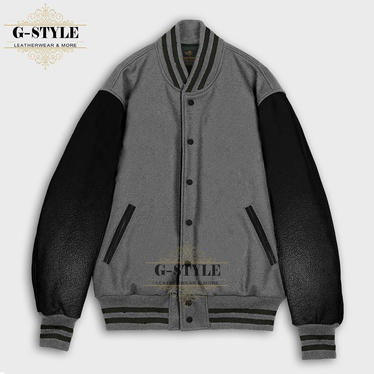 This is Gray & Black Varsity Jacket is made of High Quality Wool and Cowhide Leather Sleeves. The Front of this Jacket is Snaps Closure. Collar and Cuffs of the Jacket are Rib Knitted.  It has Four Pockets (Genuine Leather trim is used on the Pockets).  Polyester Quilted Lining is used inside to make you feel warm and comfortable. You can wear it on different places like (College Jacket, Baseball Jacket, Letterman Jacket, Bomber Jacket, Varsity Jacket, Streetwear, Gift For Him, Gift For Her, Tea Black Varsity Jacket With Stand Collar And Pockets, Black Long Sleeve Varsity Jacket With Pockets, Black Varsity Jacket With Pockets For Winter, Black Track Jacket With Pockets For College, Black Long Sleeve Varsity Jacket For Winter, Black Varsity Jacket With Stand Collar For Fall, Black Varsity Long Sleeve Outerwear, Classic Black Cotton Varsity Jacket, Black Stand Collar Varsity Jacket For Streetwear