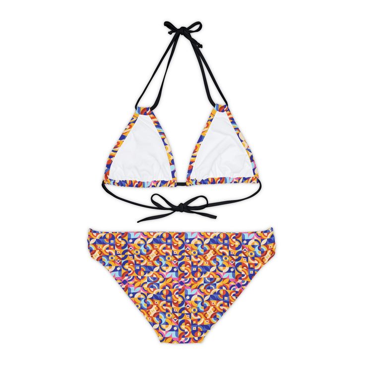 Dive into summer with the Strappy Bikini Set from Nifty Ducks Co.! Crafted from 4-way stretch Tricot, this bikini promises supreme comfort and durability with a blend of 82% Microfiber and 18% Spandex. Tailored for those endless summer days, it features adjustable elastic straps ensuring a flawless fit for all your adventures. Whether it’s a splashy pool party or a sunny beach day, just add your unique art to this two-piece swimsuit and make a splash with style that's uniquely yours. Get ready t Multicolor T-back Swimwear For Sunbathing, Multicolor Stretch Swimwear For Vacation, Stretch Multicolor Swimwear For Beach, Multicolor T-back Swimwear For Beach Party, Multicolor Stretch Halter Neck Swimwear, Multicolor Triangle Top Tankini For Pool, Multicolor Halter Neck Tankini For Swimming, Stretch Multicolor Beachwear Swimwear, Adjustable Multicolor T-back Swimwear