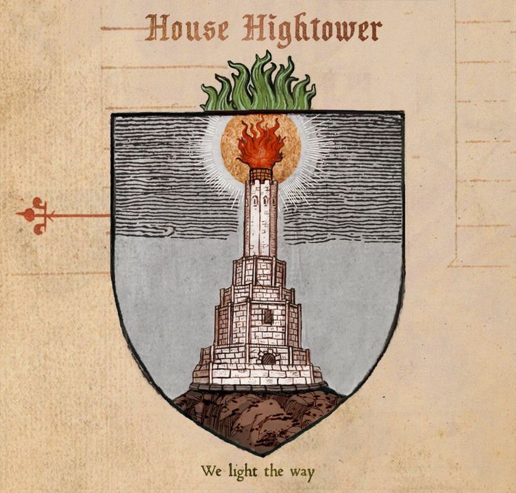 an illustration of a tower with fire coming out of it and the words, house hightower we light the way