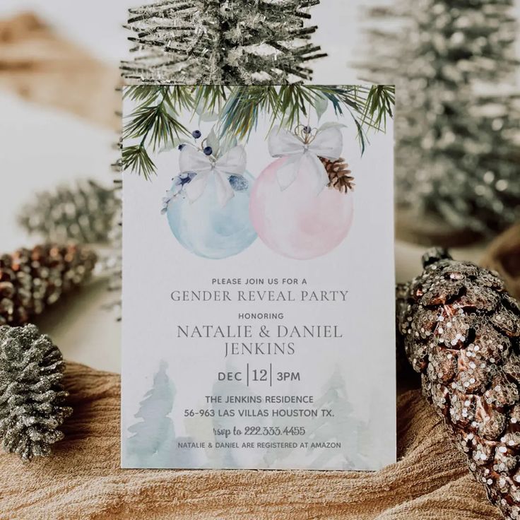 a white and blue christmas party card with pine cones on it next to evergreen cones