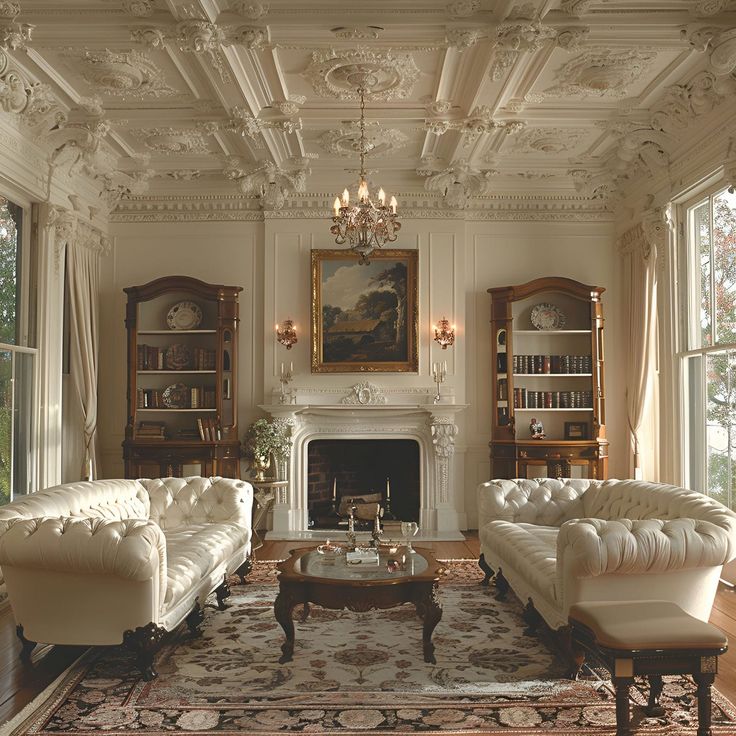 Discover the timeless elegance of a parlor with ornate Victorian ceilings and white walls, highlighted by plush cream sofas and an antique fireplace. The room features intricate ceiling carvings, vintage rugs, and large windows that flood the space with natural light, adding to the classic and sophisticated ambiance. Victorian House Interiors Vintage, Victorian Mixed With Modern, Classical Room Interior, Vintage Mansion Living Room, Vintage House Victorian, House With Antiques, Light Victorian House, Victorian White House, Modern Victorian Parlor