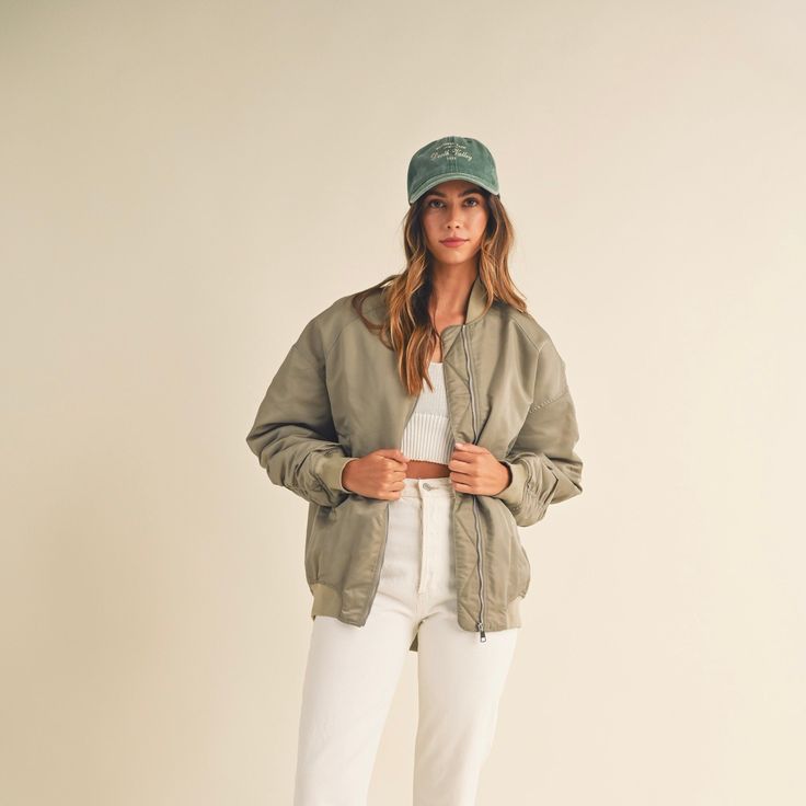 Long sleeve back and sleeve ruched detail zip up utility bomber jacket. Lining. Color: Light Olive Self and Lining: 100% Nylon Contrast: 100% Polyester Jacket Lining, Cozy Candles, Hair Claw, Corporate Gifts, Summer Sale, Sale House, Color Light, Zip Ups, Bomber Jacket