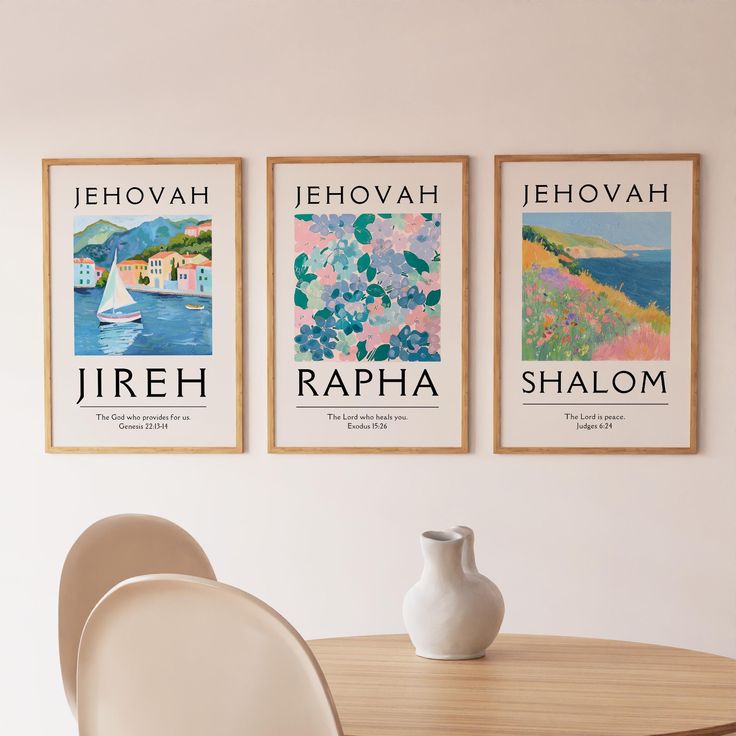 three posters on the wall above a table in a room with chairs and a vase