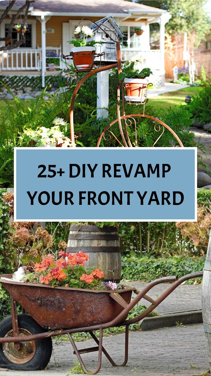 25+ DIY Revamp Your Front Yard Front Yard Corner Garden Ideas, Rustic Landscaping Ideas For Front Yard, Front Yard Cheap Ideas, Drive Entrance Ideas, Windmill Landscaping Ideas, Outdoor Front Yard Ideas, Front Yard Centerpiece, Yard Decor Diy Outdoor Projects, Country Landscape Ideas