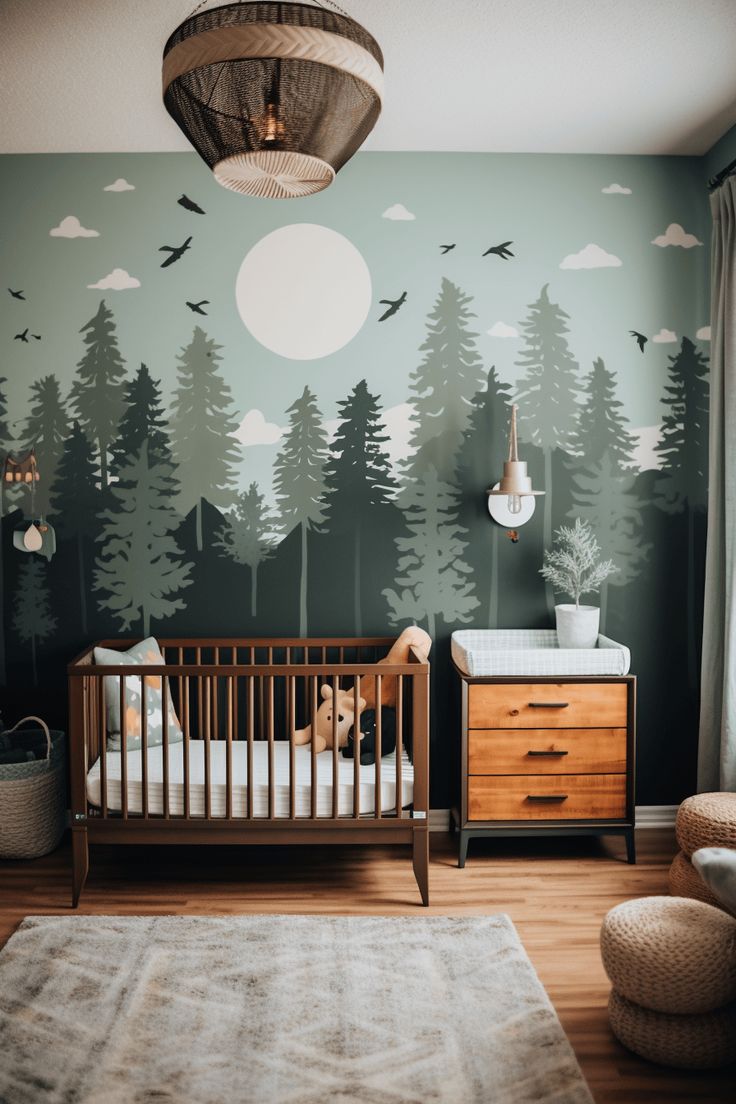 a baby's room with a forest mural on the wall and a crib