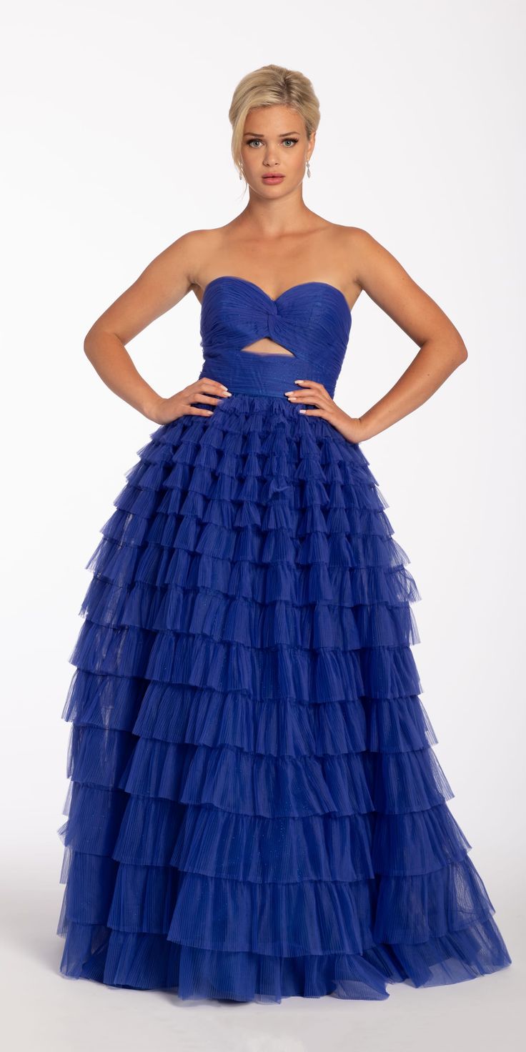 Camille La Vie Pleated Tulle Ballgown with Peek-A-Boo Bodice missy / 0 / dark-blue Tulle Ballgown, Pleated Tulle, Silver Accessories, Peek A Boo, Fitted Bodice, Quinceanera, Ball Gowns, Entrance, Bodice