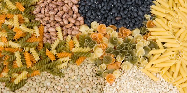 different types of pasta and beans are arranged together