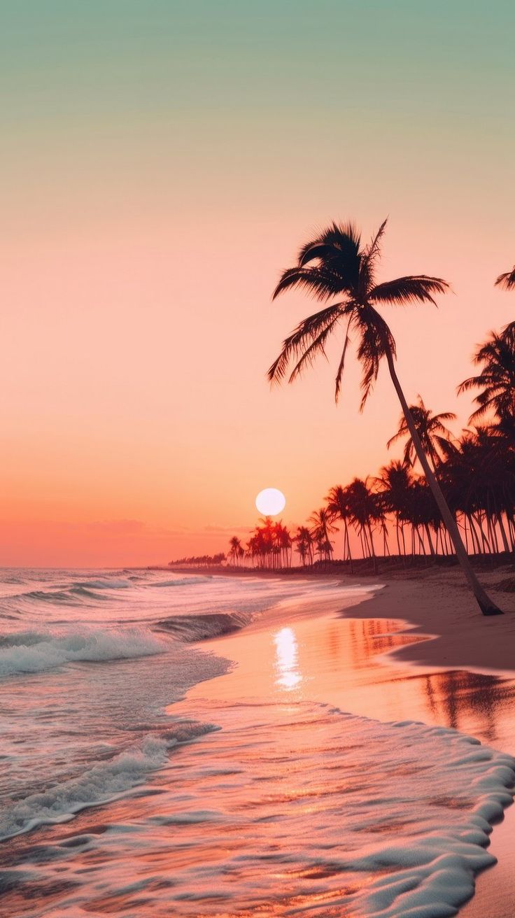 the sun is setting over the ocean with palm trees in the foreground and waves on the beach