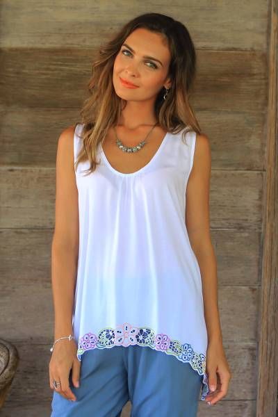 Floral Embroidered Rayon Blouse in White from Bali - Flower Colors in White | NOVICA Flower Colouring In, Sewing Courses, Flower Colors, Rayon Blouse, Cat Woman Costume, Flower White, Women's Costumes, Scary Halloween, Sleeveless Blouse