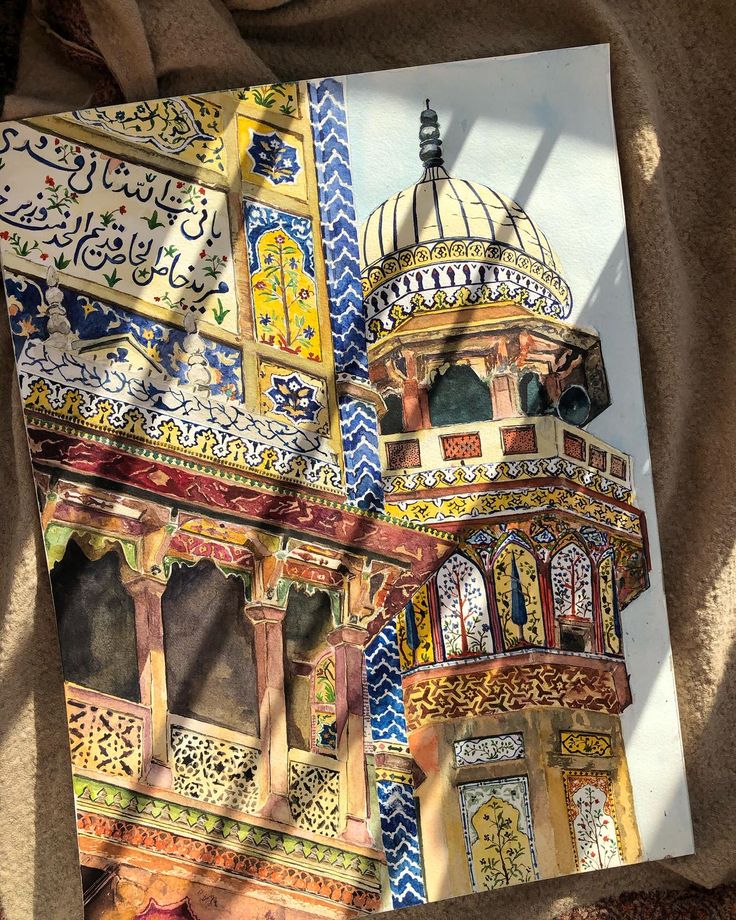 an artistic painting of a colorful building with arabic writing on it