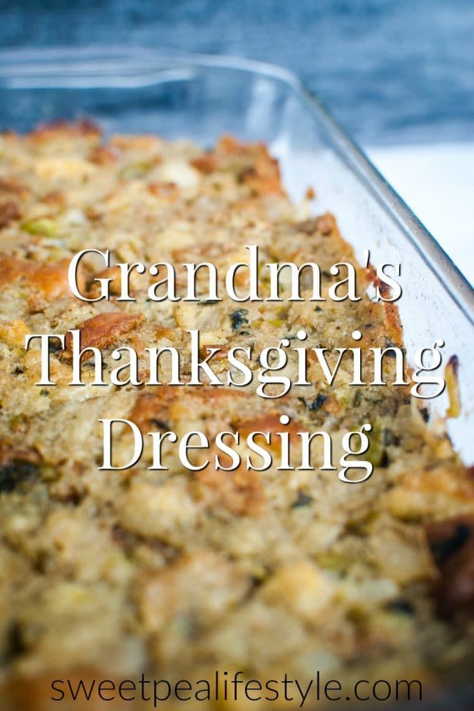 a casserole dish with the words grandma's thanksgiving dressing