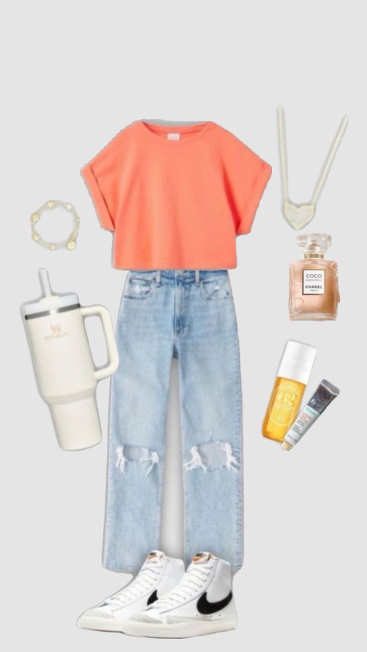 a woman's outfit including jeans, sneakers and a coffee cup is shown in this image