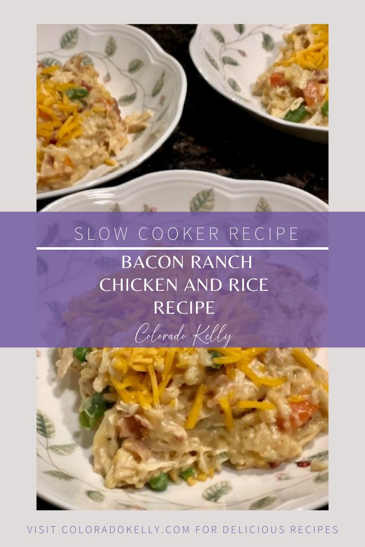 slow cooker recipe for bacon ranch chicken and rice casserole with text overlay