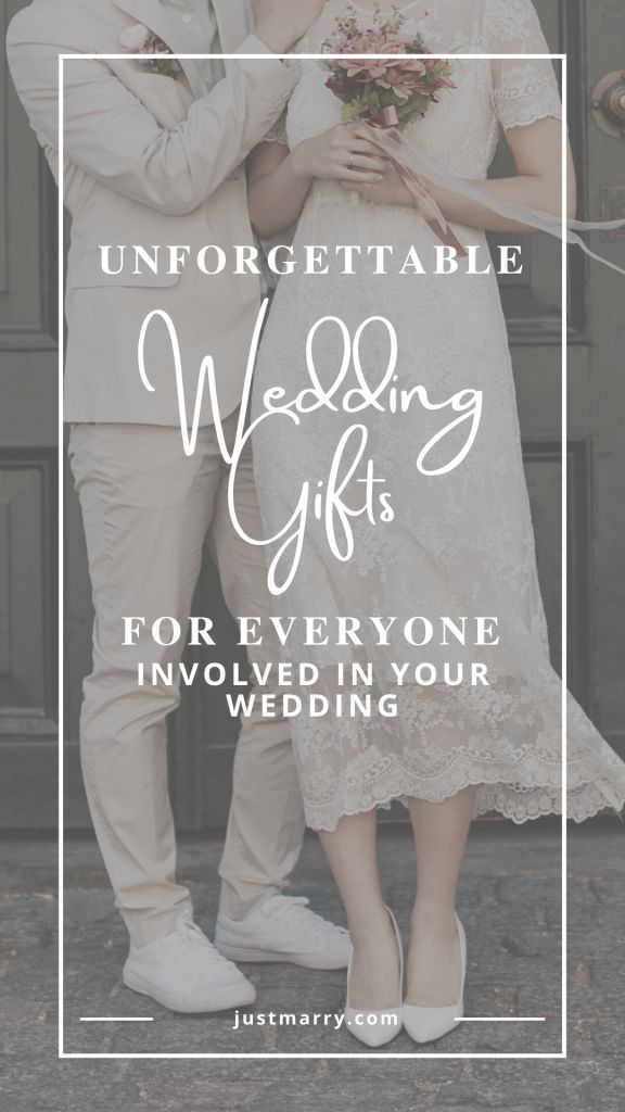 a man and woman standing next to each other with the words unforgettable wedding gifts for everyone involved in your wedding