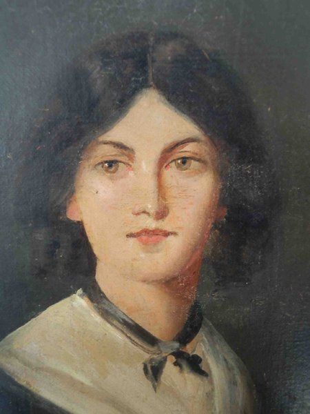 an oil painting of a woman wearing a bow tie