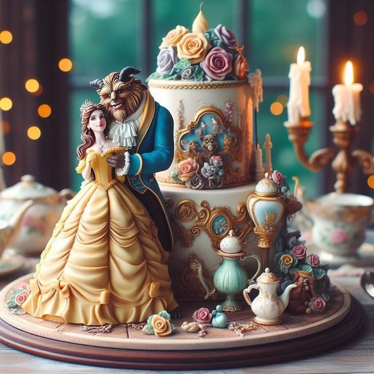 a beauty and the beast cake with candles in the background