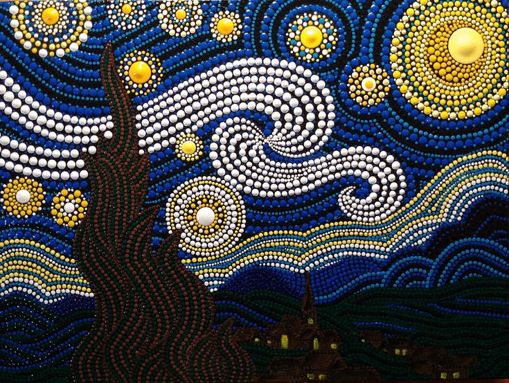 a painting made out of beads with a tree in the foreground and stars above it