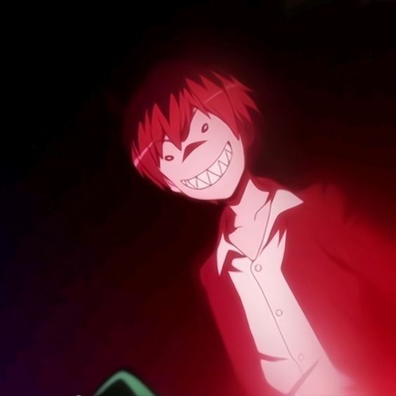 an anime character with red hair and white teeth