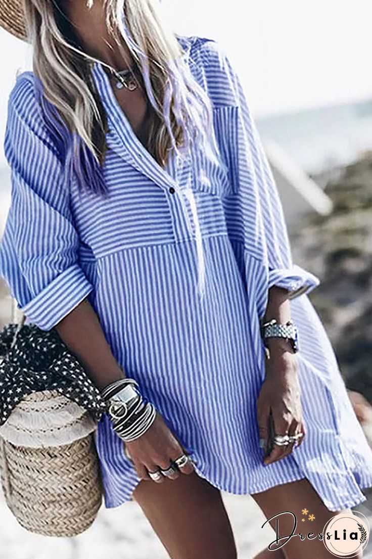 Casual Striped Split Joint Buttons Turndown Collar Shirt Dress Dresses（3 Colors） Sommer Strand Outfit, Silhouette Shirt, Collared Shirt Dress, Dress Sleeve Styles, Long Sleeve Casual Dress, Striped Shirt Dress, Printed Shirt Dress, Casual Stripes, Daily Dress