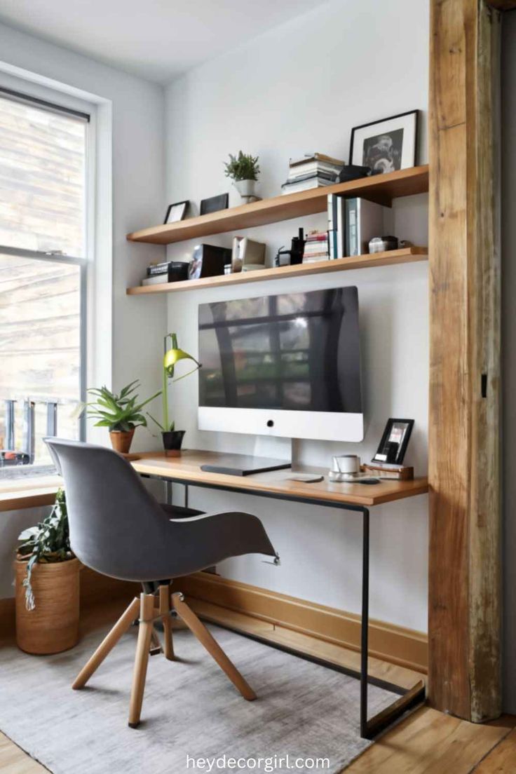 a desk with a computer on top of it in front of a window and bookshelf