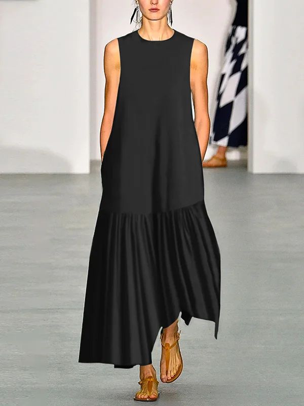 Black A-line Maxi Dress For Beach, Black Sleeveless Solid Midi Dress, Casual Black Sleeveless Maxi Dress, Black Sleeveless Dress For Beach, Black A-line Maxi Dress, Black Solid Sleeveless Spring Dress, Black Solid Color Sleeveless Dress For Spring, Black Dress With Asymmetrical Hem, Black Asymmetrical Hem Dress