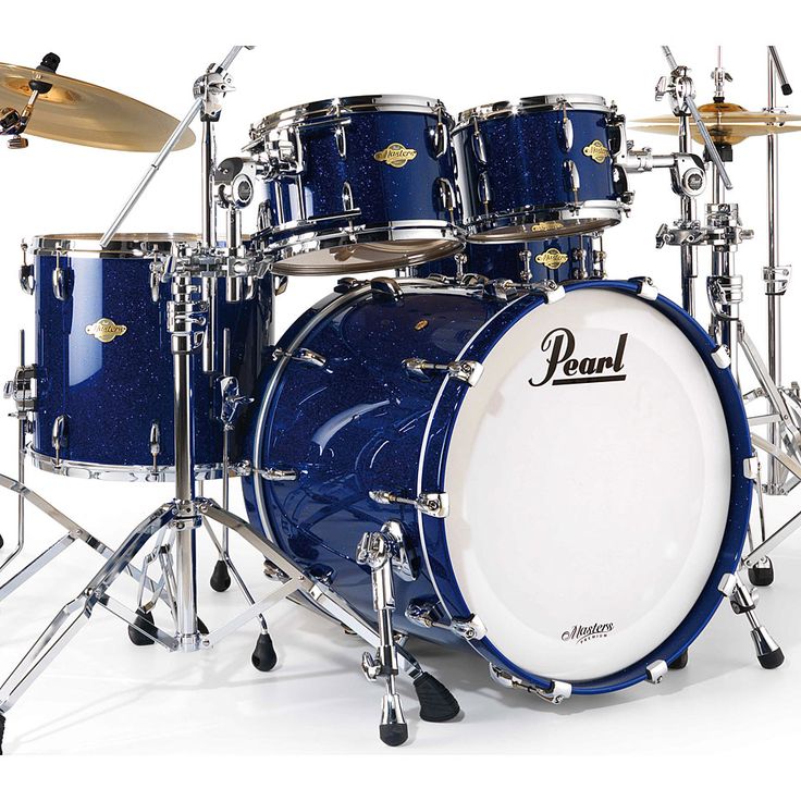 a blue drum set with white hardware and cymbals is shown in front of a white background