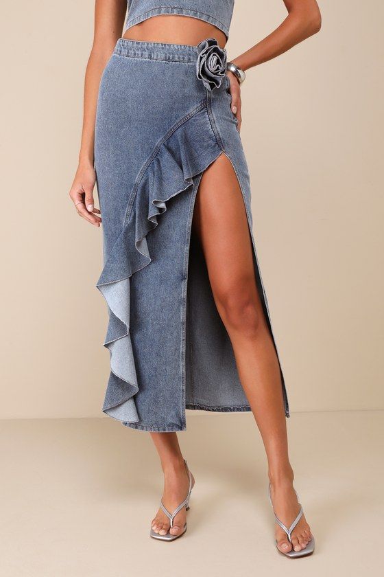 Chic Cotton Denim Skirt With Ruffles, Chic Ruffled Cotton Denim Skirt, Chic High Waist Denim Skirt With Ruffles, Chic High Waist Ruffled Denim Skirt, Chic High-waist Ruffled Denim Skirt, Fitted Denim Bottoms With Ruffles, Chic Denim Skirt With Ruffles, Spring High Waist Ruffled Denim Skirt, Fitted Cotton Tiered Denim Skirt